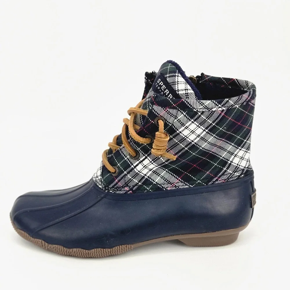 Sperry Top-Sider Saltwater Women Duck Boots Navy Plaid Winter Rain 5.5 Youth 4Y